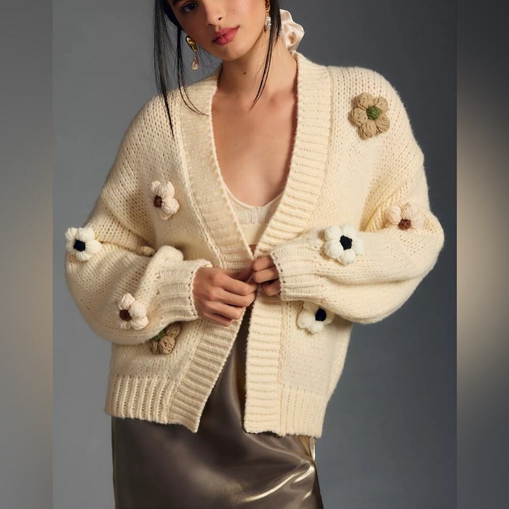 Anna & Ava 3D Flower Cardigan Sweater Chunky Knit Oversized Boho - Picture 2 of 14